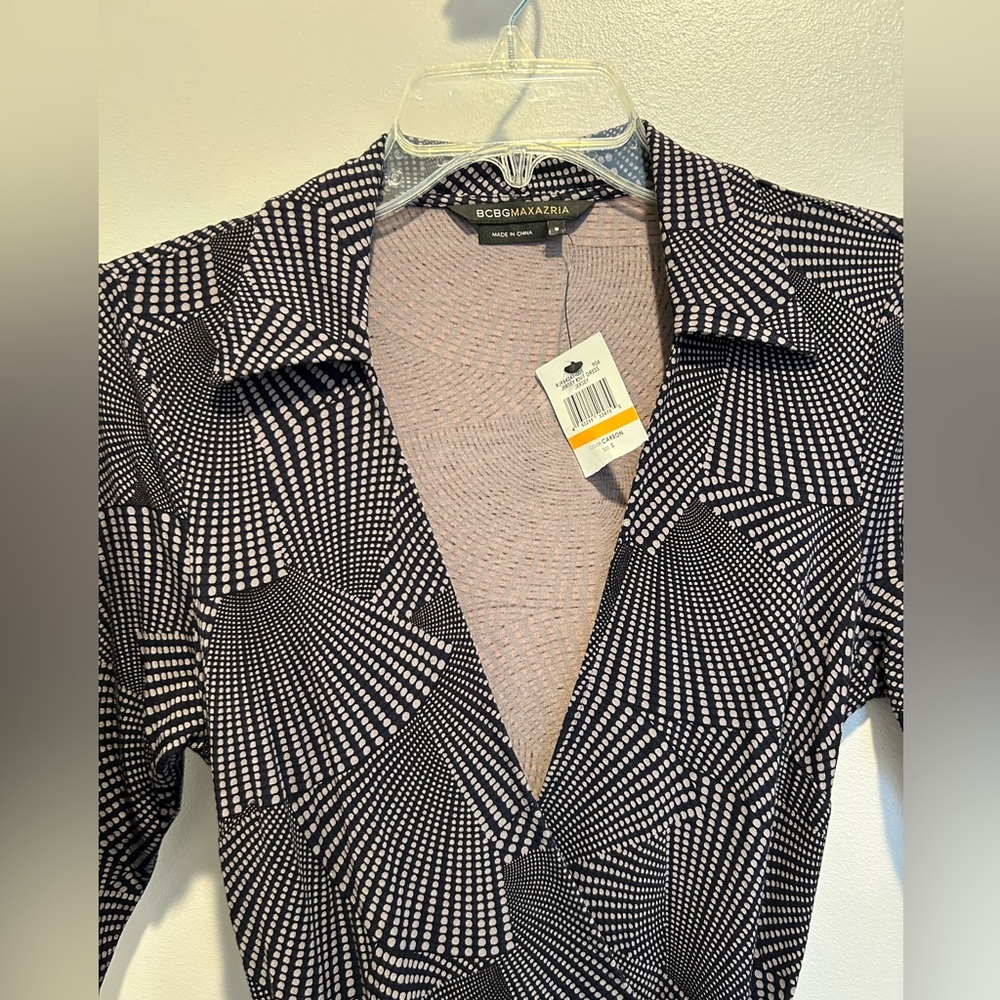 BCBGMaxAzria Geometric Black and Grey Wrap Dress, Rayon, hand wash, size small